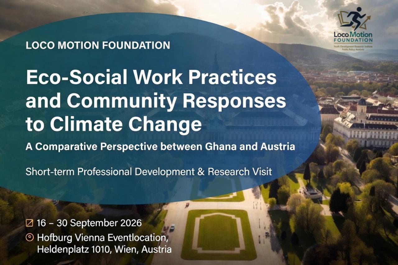 Event flyer for the Loco Motion Foundation's Eco-Social Work Practices research visit to Vienna, Austria