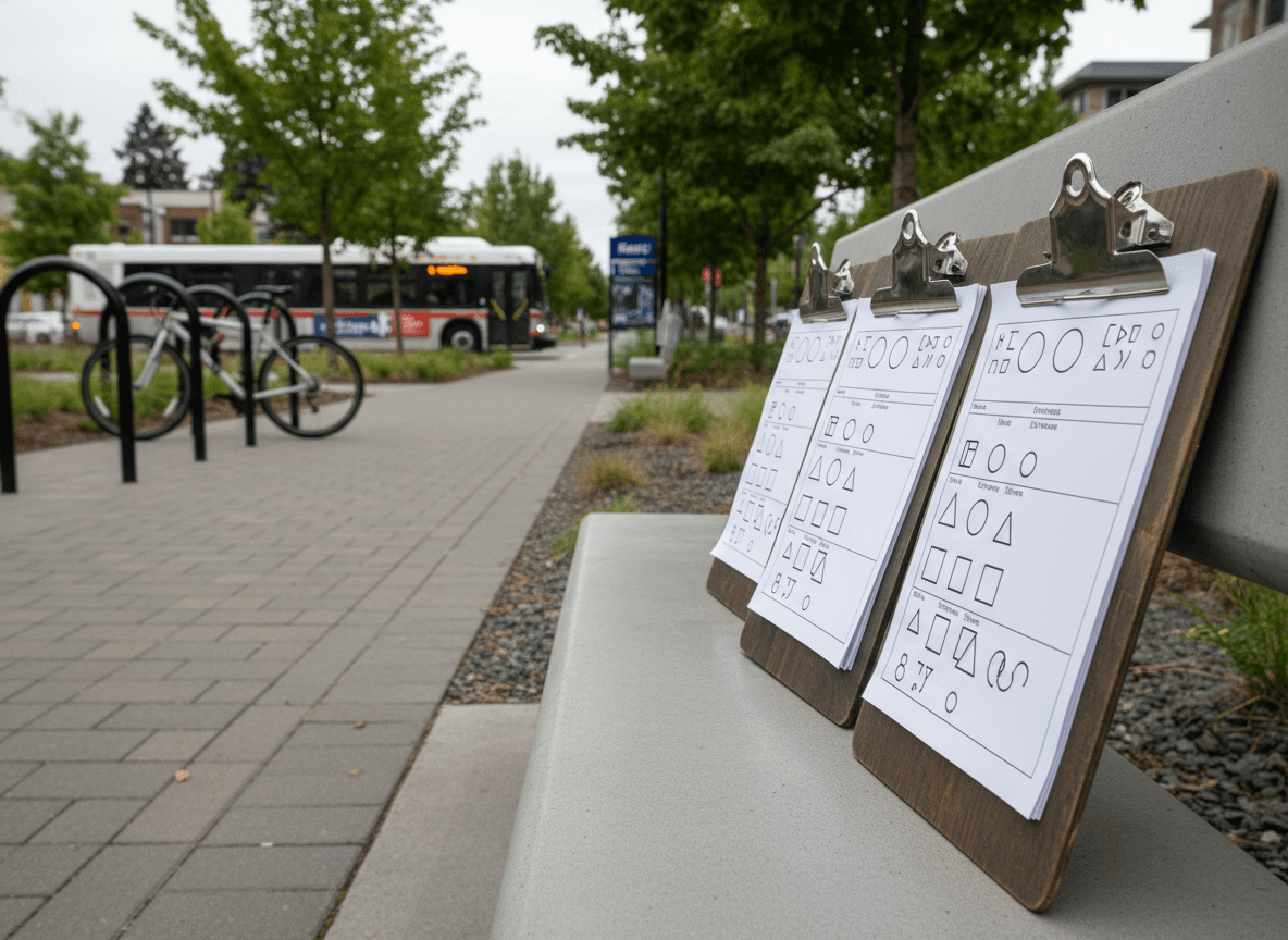A bus and bike racks along a transit corridor, with field research clipboards in the foreground