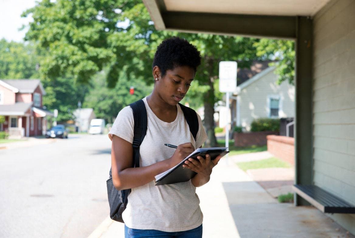 A student with a backpack recording notes on a clipboard while waiting at a bus stop