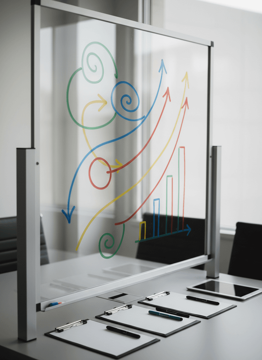 A glass whiteboard covered in hand-drawn research diagrams, arrows, and bar charts